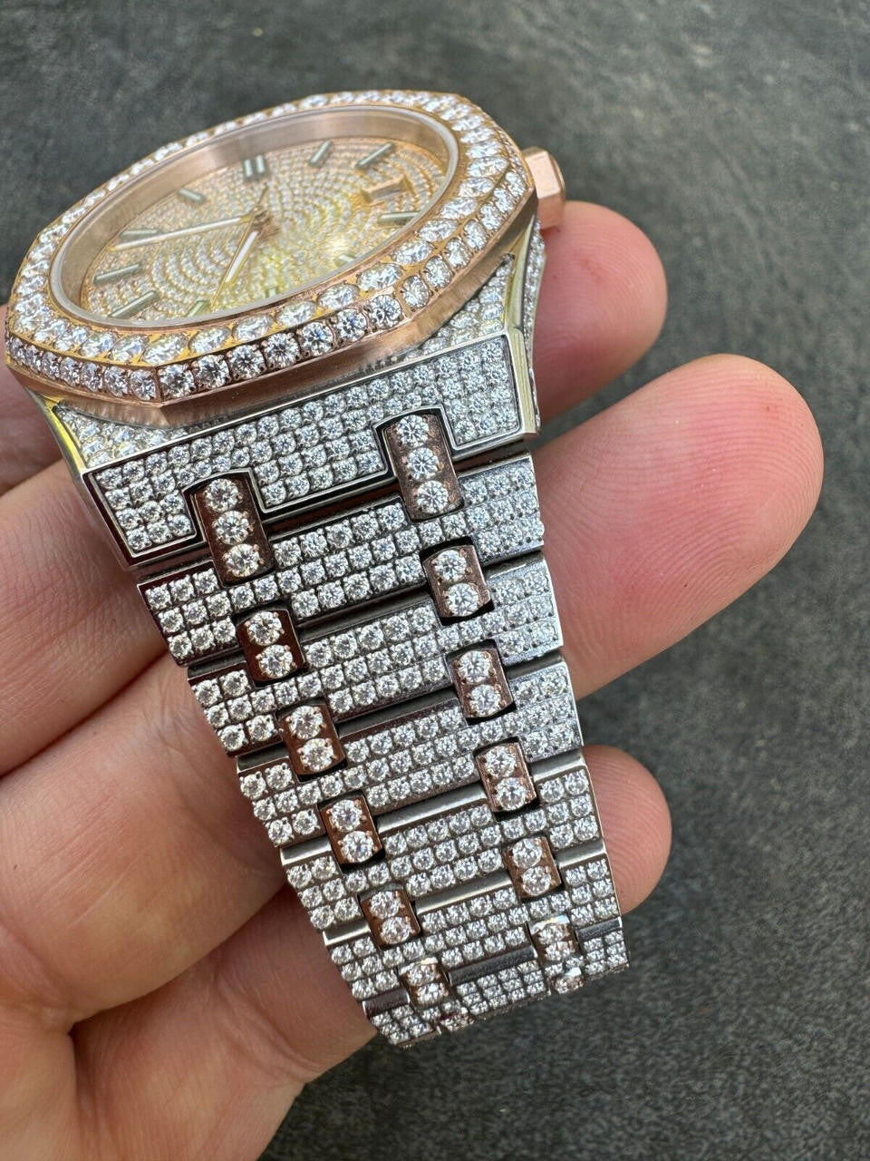 Hip Hop Real MOISSANITE Two Tone Rose Gold Mens Auto Watch Iced Large Stones No ID