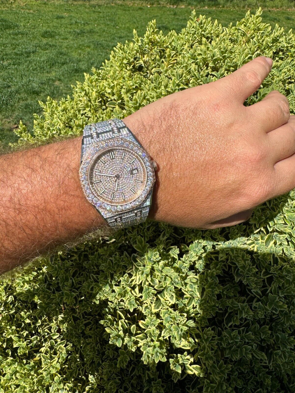 Hip Hop Real MOISSANITE Two Tone Rose Gold Mens Auto Watch Iced Large Stones No ID