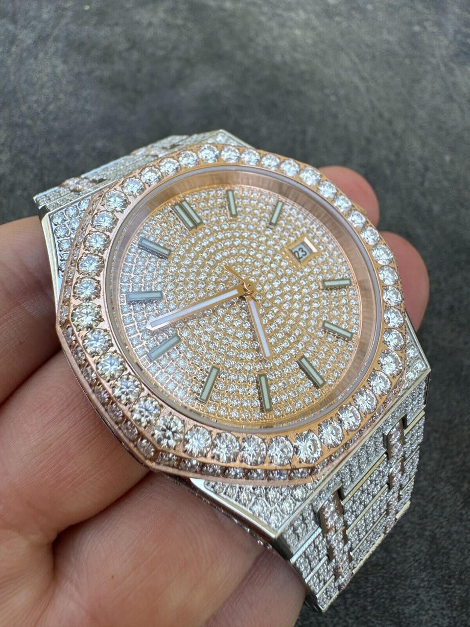 Hip Hop Real MOISSANITE Two Tone Rose Gold Mens Auto Watch Iced Large Stones No ID