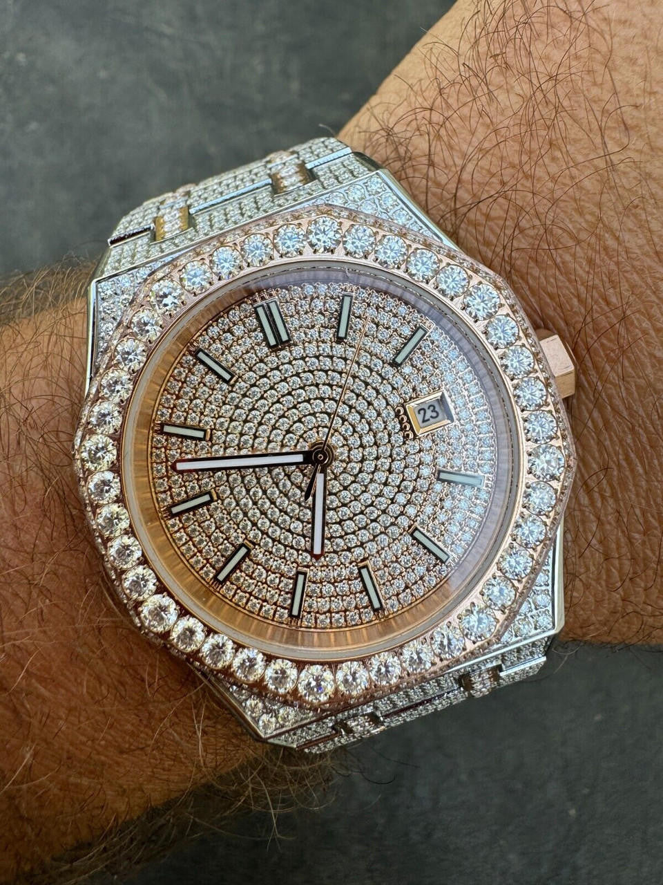 Hip Hop Real MOISSANITE Two Tone Rose Gold Mens Auto Watch Iced Large Stones No ID