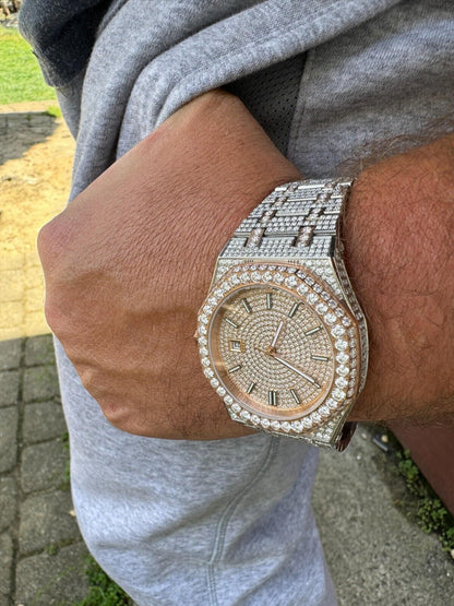 Hip Hop Real MOISSANITE Two Tone Rose Gold Mens Auto Watch Iced Large Stones No ID