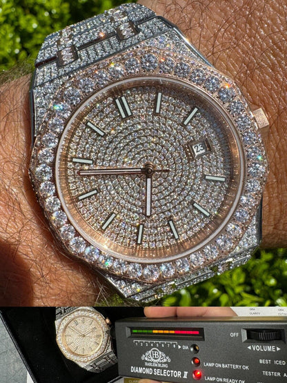 Hip Hop Real MOISSANITE Two Tone Rose Gold Mens Auto Watch Iced Large Stones No ID