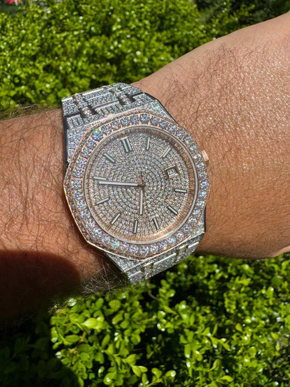 Hip Hop Real MOISSANITE Two Tone Rose Gold Mens Auto Watch Iced Large Stones No ID