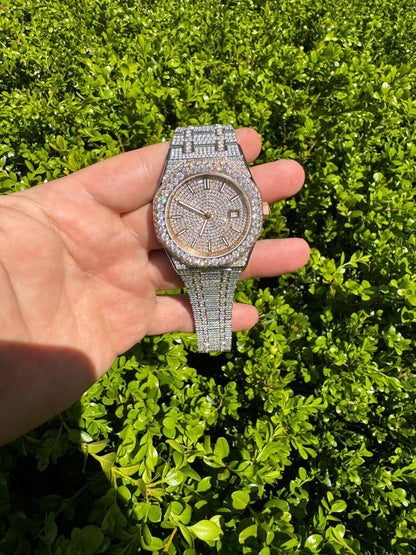 Hip Hop Real MOISSANITE Two Tone Rose Gold Mens Auto Watch Iced Large Stones No ID