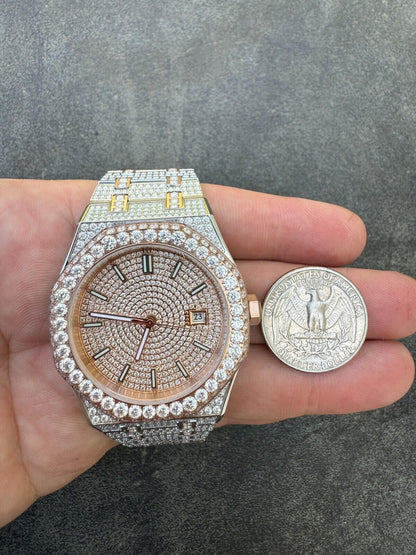 Hip Hop Real MOISSANITE Two Tone Rose Gold Mens Auto Watch Iced Large Stones No ID