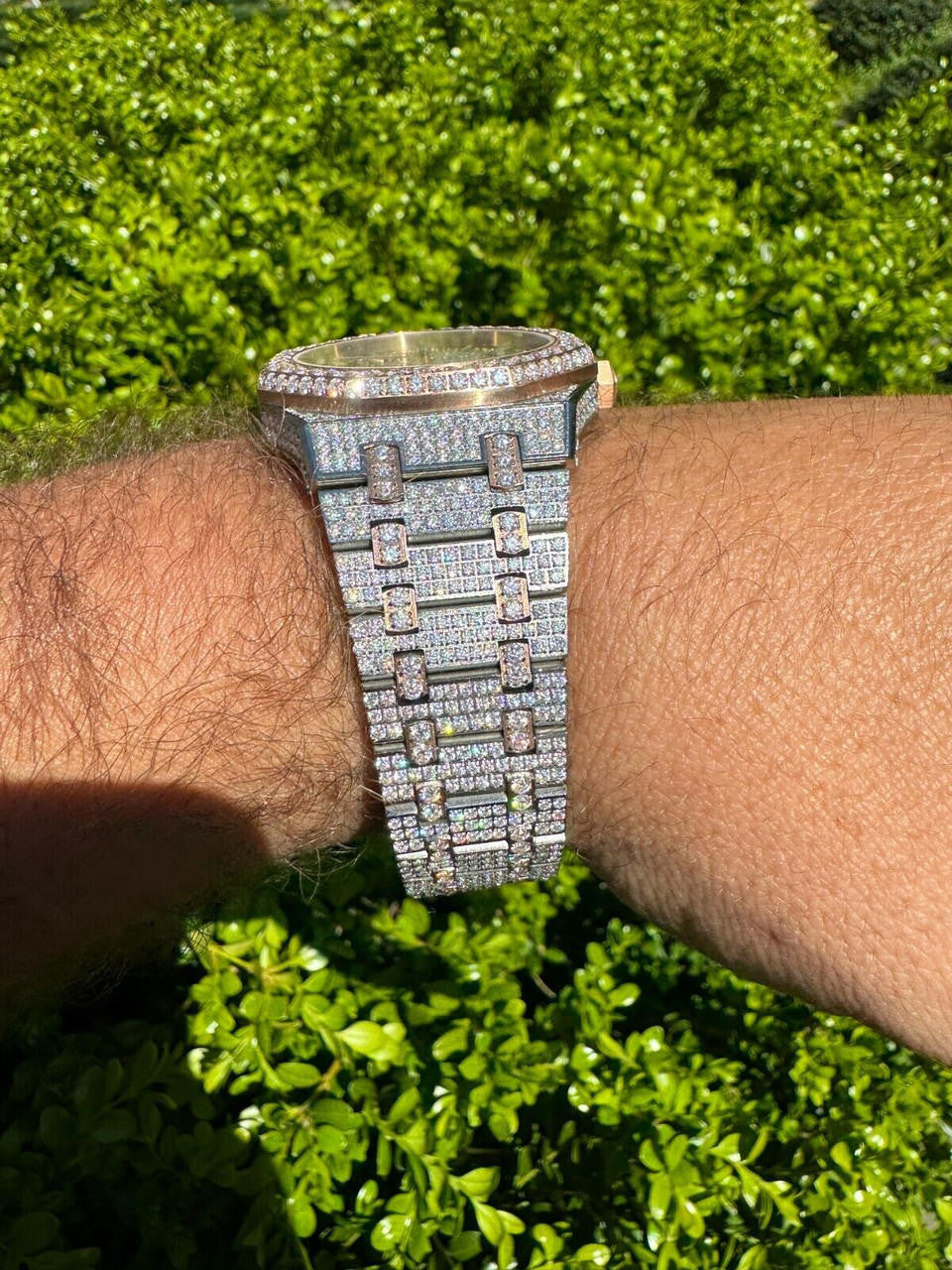 Hip Hop Real MOISSANITE Two Tone Rose Gold Mens Auto Watch Iced Large Stones No ID