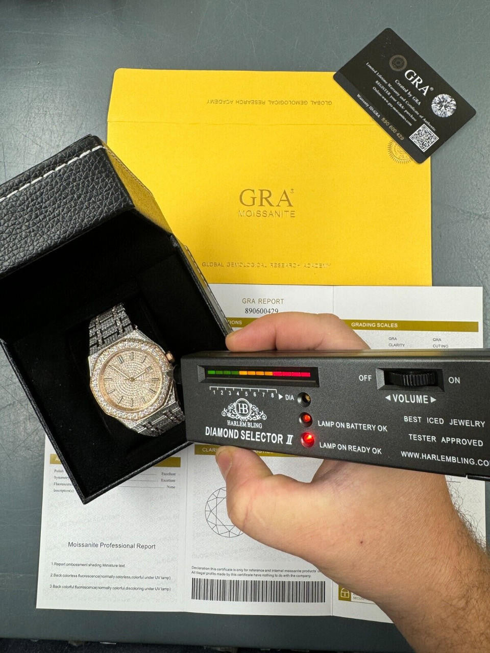 Hip Hop Real MOISSANITE Two Tone Rose Gold Mens Auto Watch Iced Large Stones No ID