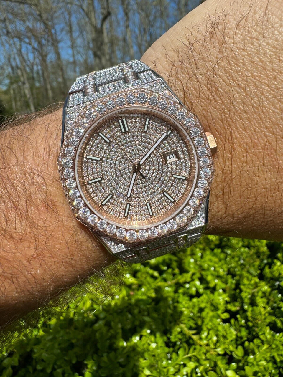 Hip Hop Real MOISSANITE Two Tone Rose Gold Mens Auto Watch Iced Large Stones No ID