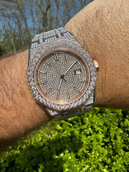 Hip Hop Real MOISSANITE Two Tone Rose Gold Mens Auto Watch Iced Large Stones No ID