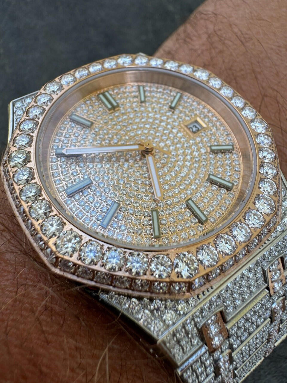 Hip Hop Real MOISSANITE Two Tone Rose Gold Mens Auto Watch Iced Large Stones No ID