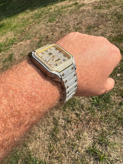 Hip Hop Real MOISSANITE Watch Iced Automatic Movement Gold Two Tone Hip Hop Arabic Out