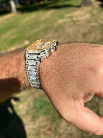 Hip Hop Real MOISSANITE Watch Iced Automatic Movement Gold Two Tone Hip Hop Arabic Out