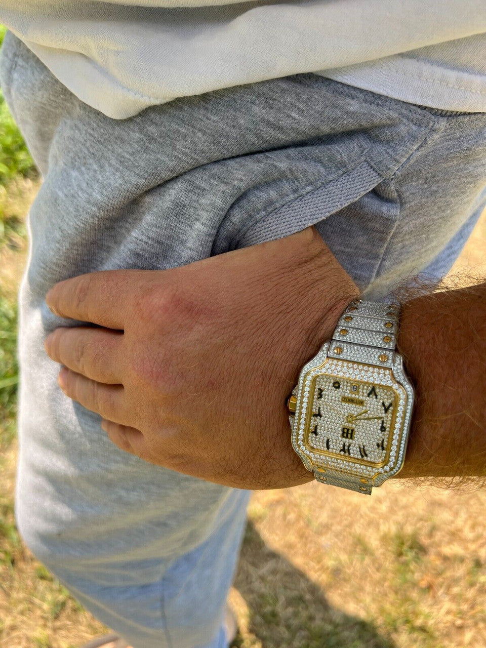 Hip Hop Real MOISSANITE Watch Iced Automatic Movement Gold Two Tone Hip Hop Arabic Out