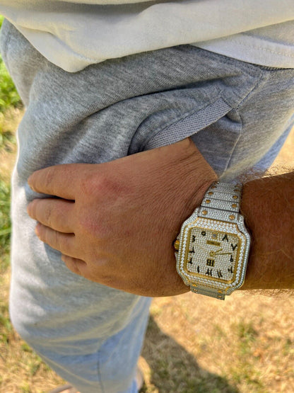 Hip Hop Real MOISSANITE Watch Iced Automatic Movement Gold Two Tone Hip Hop Arabic Out