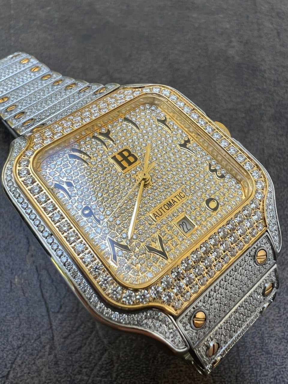 Hip Hop Real MOISSANITE Watch Iced Automatic Movement Gold Two Tone Hip Hop Arabic Out