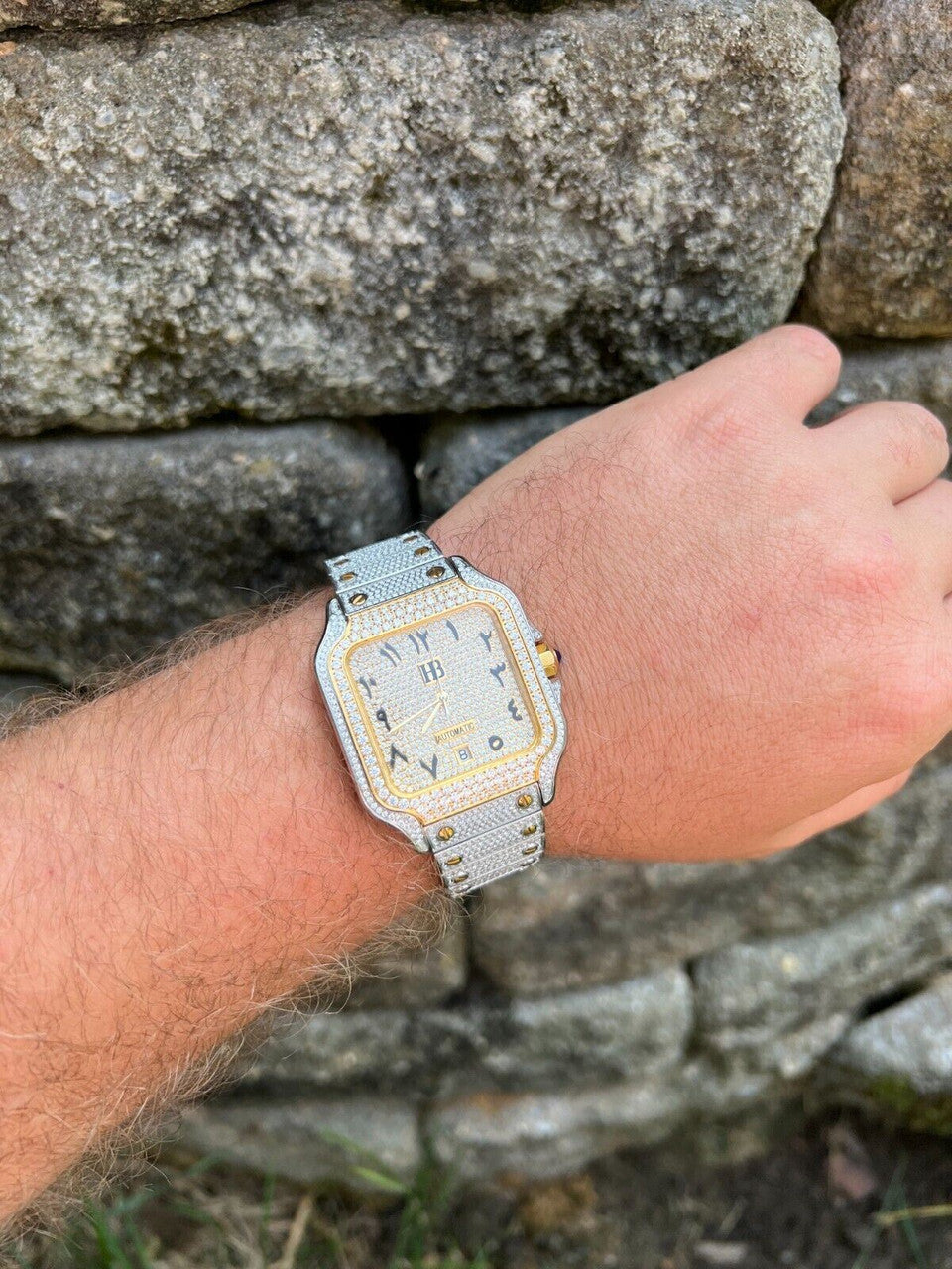 Hip Hop Real MOISSANITE Watch Iced Automatic Movement Gold Two Tone Hip Hop Arabic Out