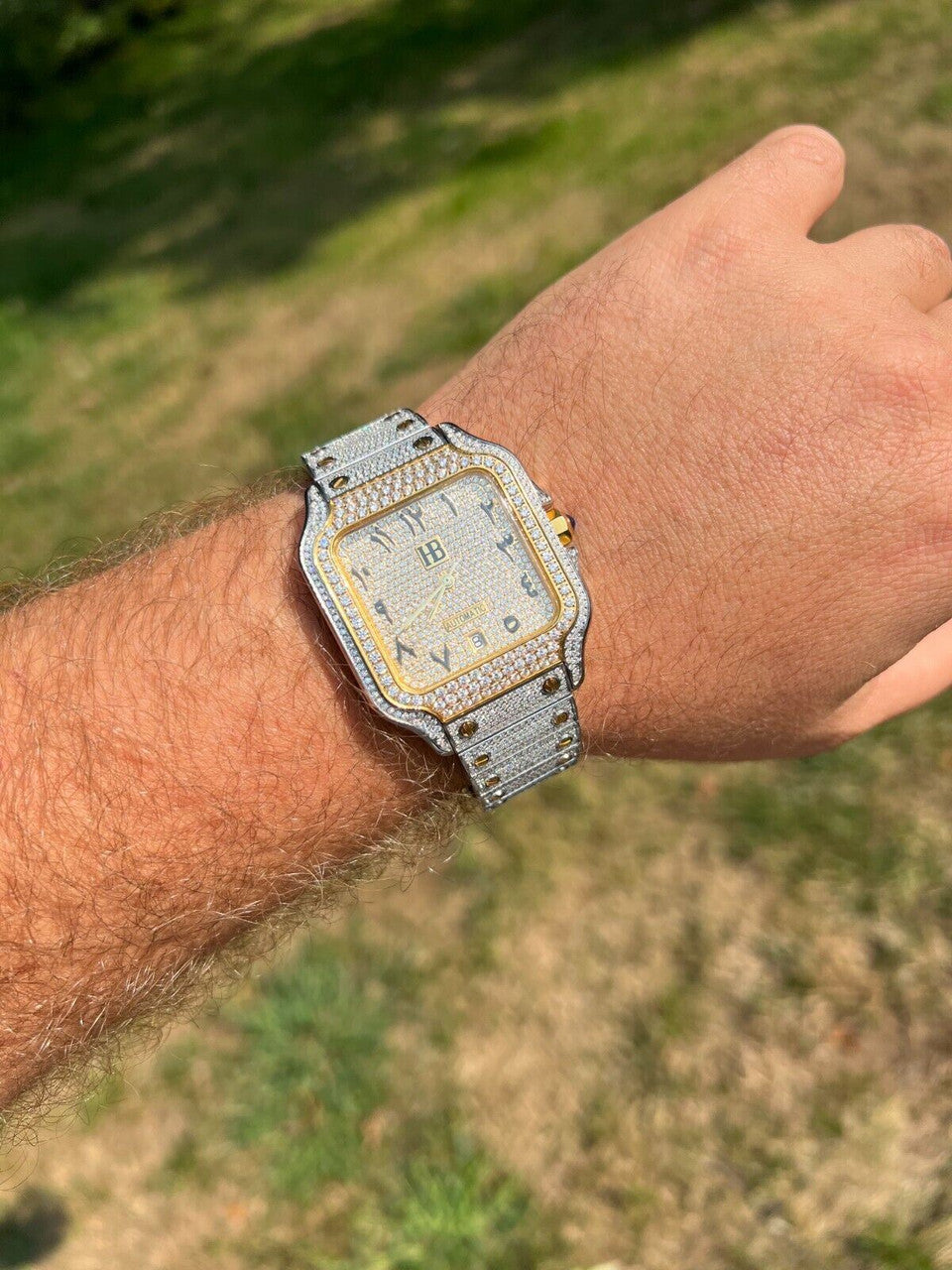 Hip Hop Real MOISSANITE Watch Iced Automatic Movement Gold Two Tone Hip Hop Arabic Out