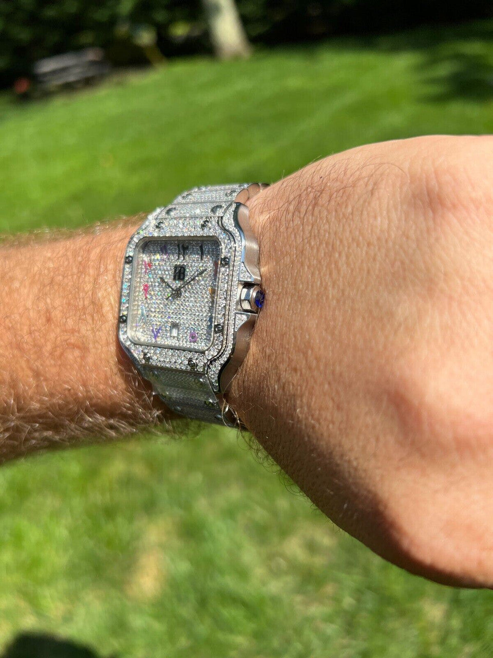 Hip Hop Real Stainless Steel Mens Watch Iced Simulated Diamond Hip Hop Bust Down Arabic