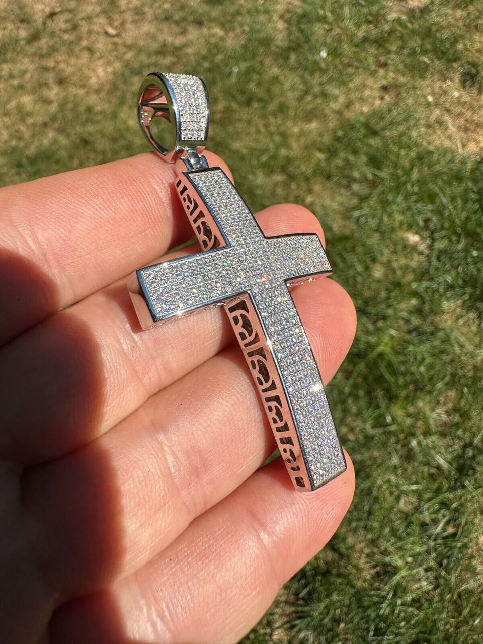 Solid 10k White Gold 3ct VVS Moissanite Cross Pendant Necklace 19g
