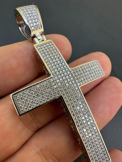 Hip Hop Solid 10k Yellow Gold 3ct VVS Moissanite Cross Pendant Necklace 19g Mens Large