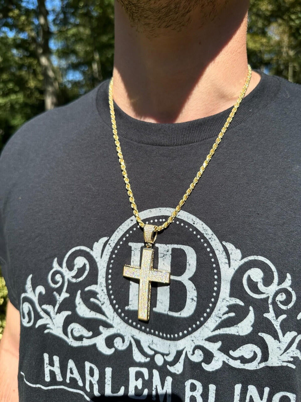 Hip Hop Solid 10k Yellow Gold 3ct VVS Moissanite Cross Pendant Necklace 19g Mens Large