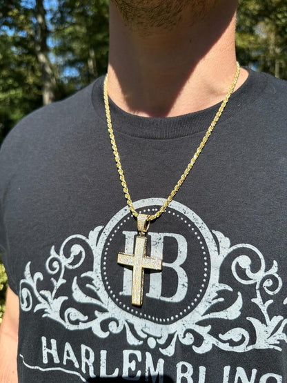Hip Hop Solid 10k Yellow Gold 3ct VVS Moissanite Cross Pendant Necklace 19g Mens Large