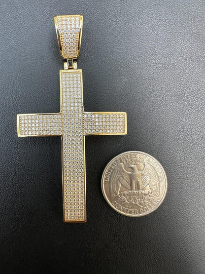 Hip Hop Solid 10k Yellow Gold 3ct VVS Moissanite Cross Pendant Necklace 19g Mens Large