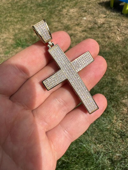 Hip Hop Solid 10k Yellow Gold 3ct VVS Moissanite Cross Pendant Necklace 19g Mens Large