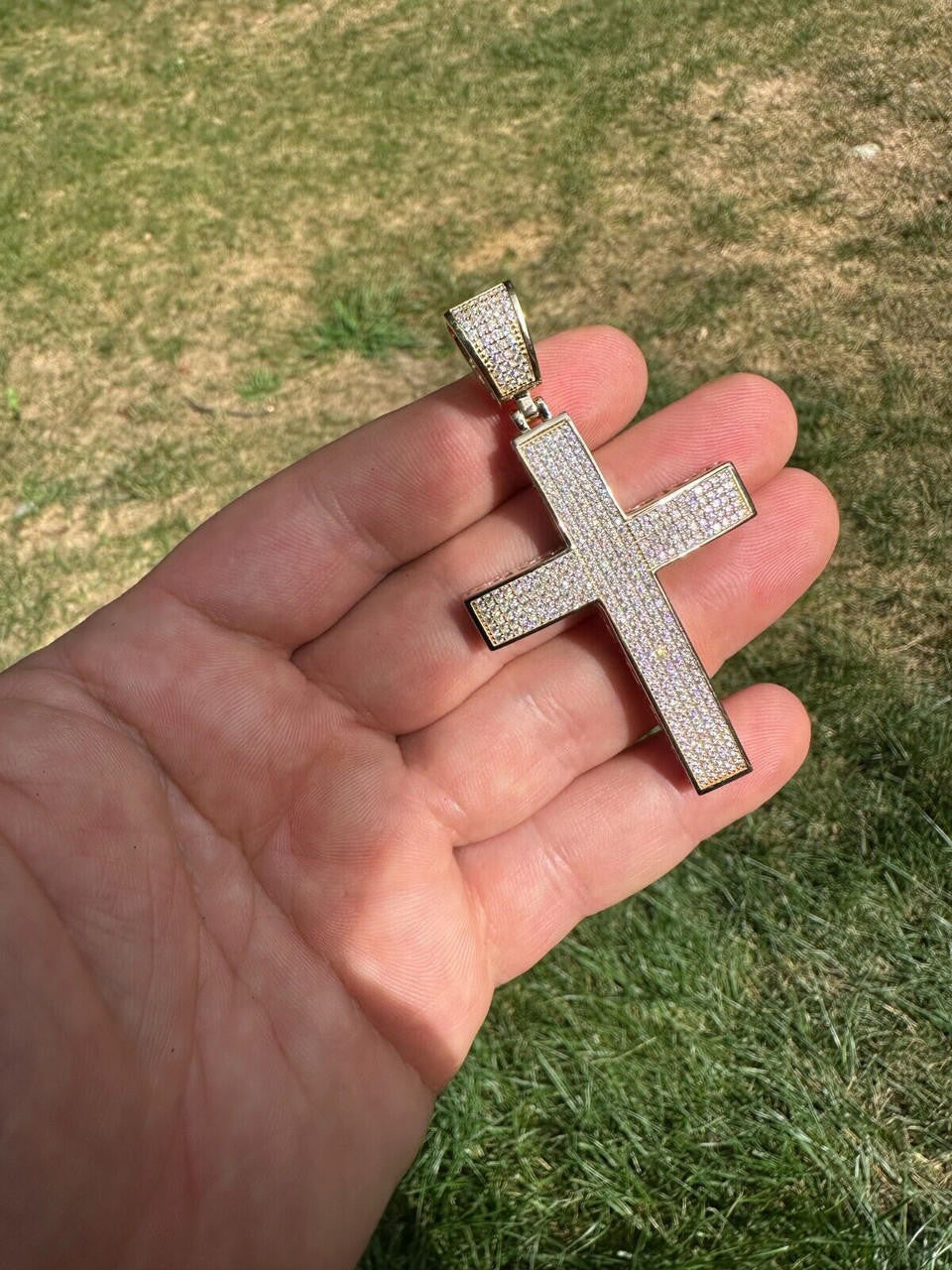 Hip Hop Solid 10k Yellow Gold 3ct VVS Moissanite Cross Pendant Necklace 19g Mens Large
