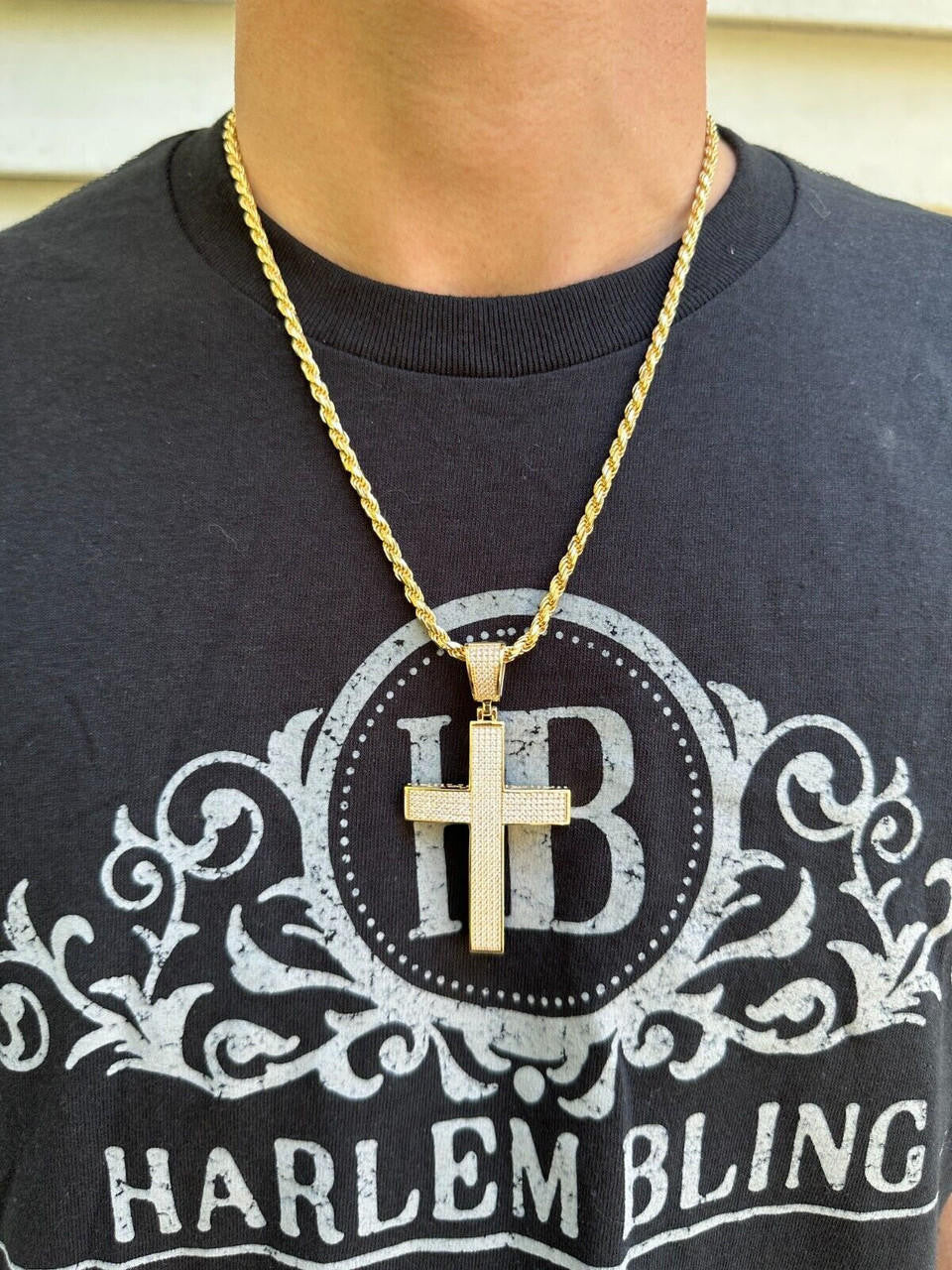 Hip Hop Solid 10k Yellow Gold 3ct VVS Moissanite Cross Pendant Necklace 19g Mens Large