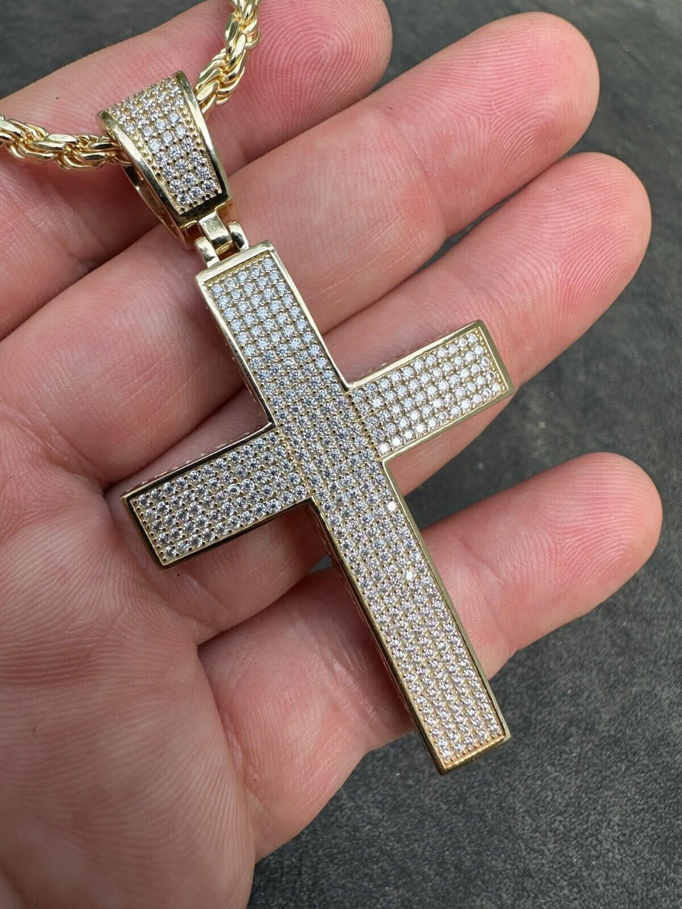 Hip Hop Solid 10k Yellow Gold 3ct VVS Moissanite Cross Pendant Necklace 19g Mens Large