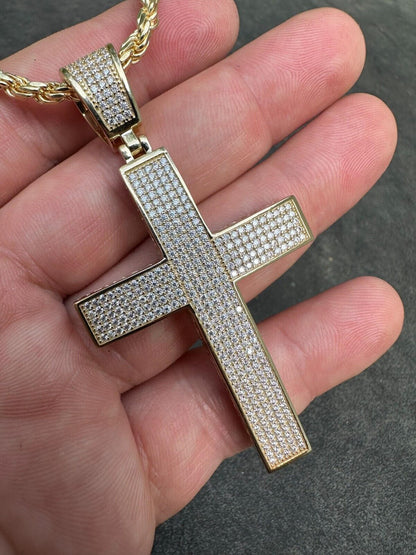 Hip Hop Solid 10k Yellow Gold 3ct VVS Moissanite Cross Pendant Necklace 19g Mens Large