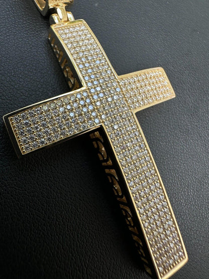 Hip Hop Solid 10k Yellow Gold 3ct VVS Moissanite Cross Pendant Necklace 19g Mens Large