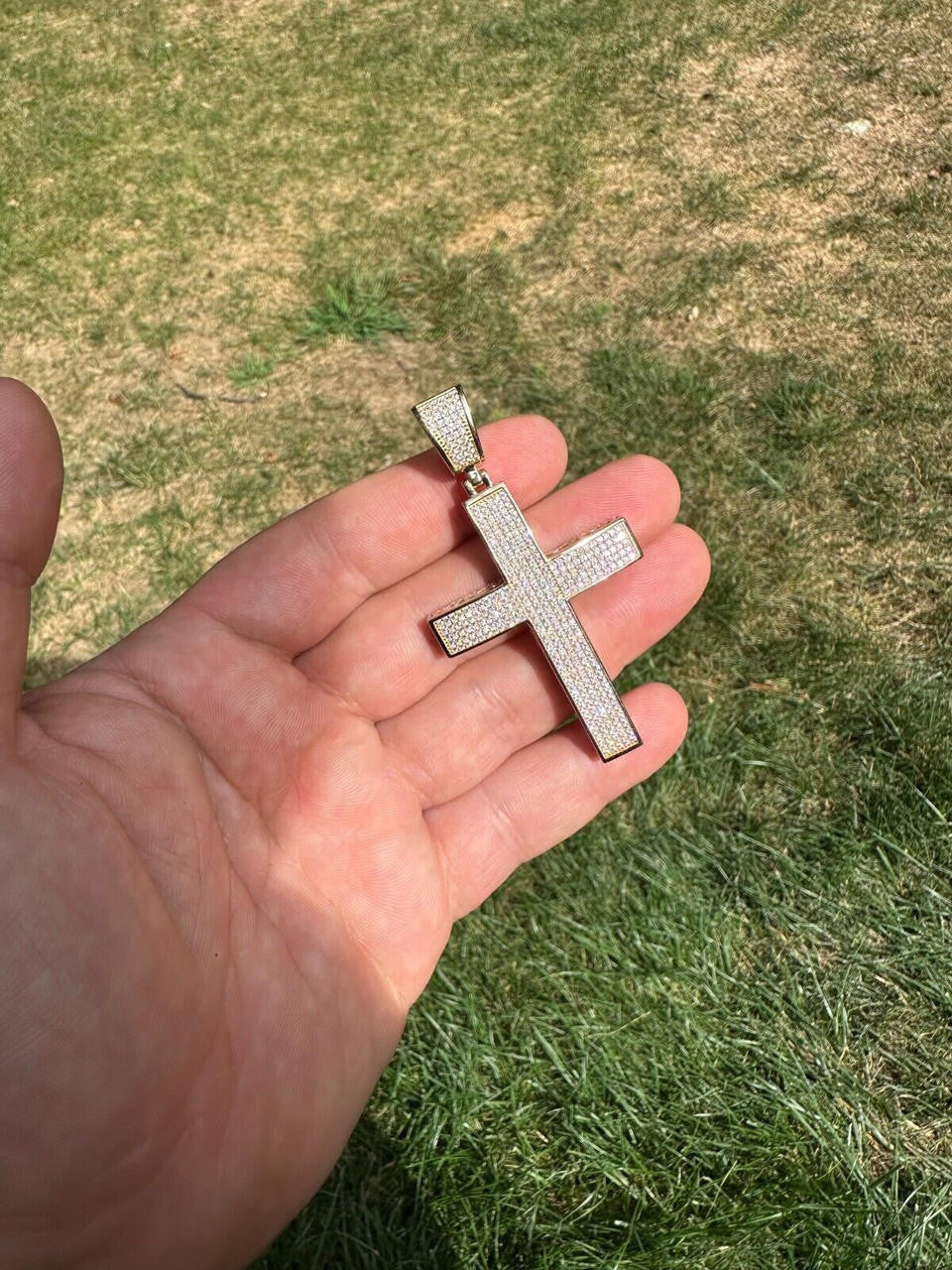 Hip Hop Solid 10k Yellow Gold 3ct VVS Moissanite Cross Pendant Necklace 19g Mens Large