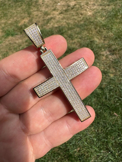 Hip Hop Solid 10k Yellow Gold 3ct VVS Moissanite Cross Pendant Necklace 19g Mens Large