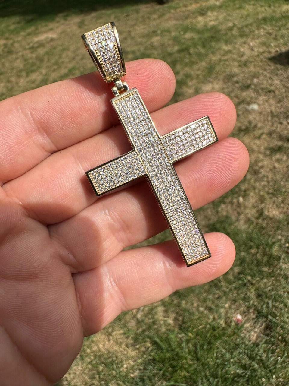 Hip Hop Solid 10k Yellow Gold 3ct VVS Moissanite Cross Pendant Necklace 19g Mens Large