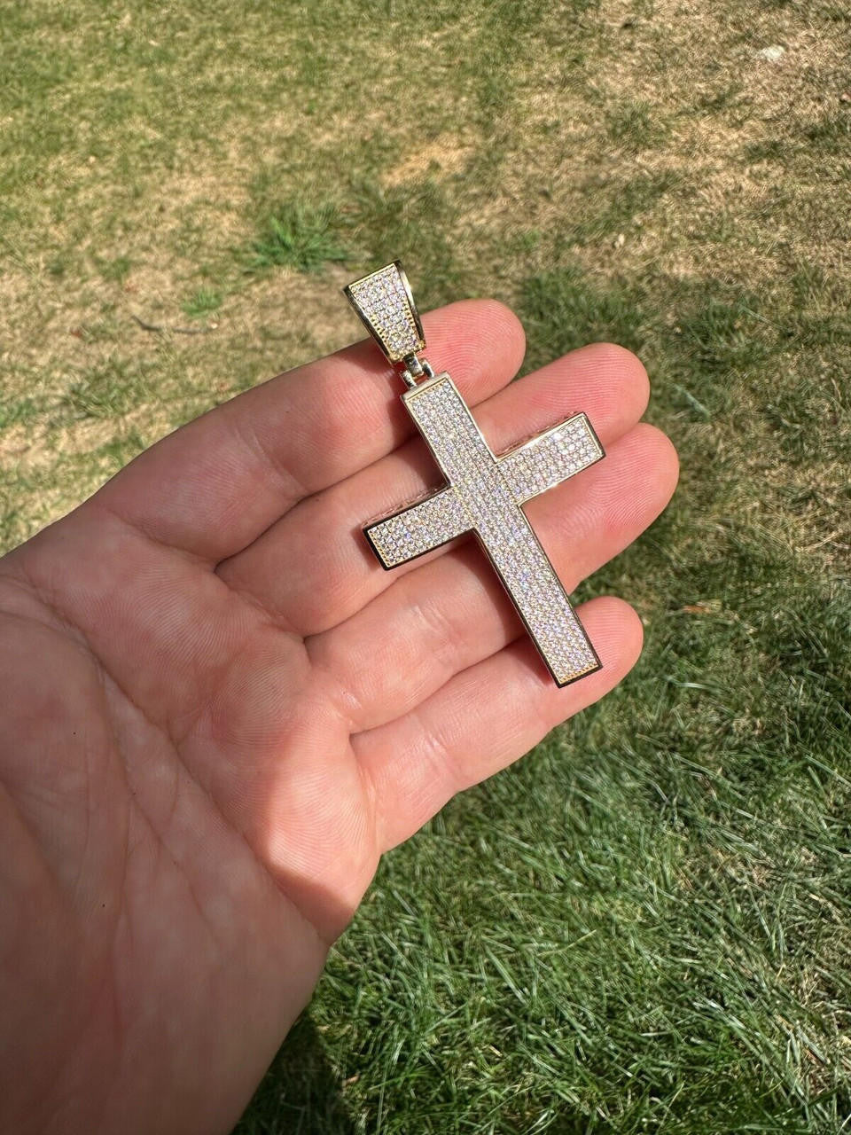 Hip Hop Solid 10k Yellow Gold 3ct VVS Moissanite Cross Pendant Necklace 19g Mens Large