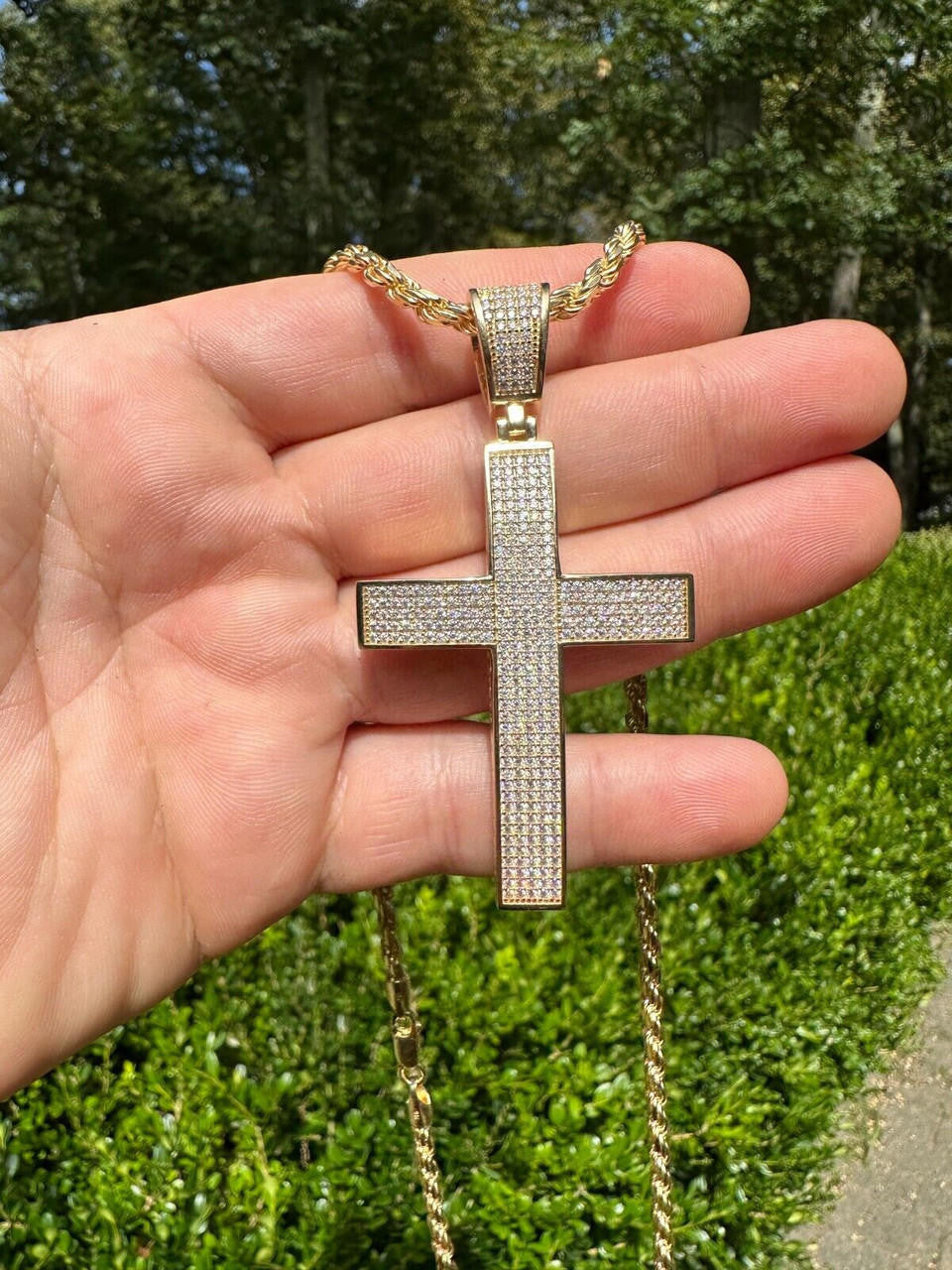 Hip Hop Solid 10k Yellow Gold 3ct VVS Moissanite Cross Pendant Necklace 19g Mens Large