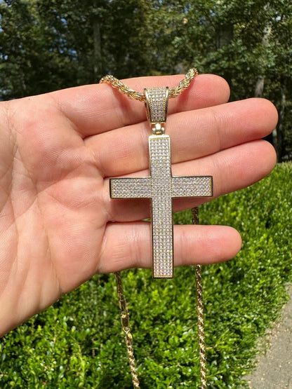 Hip Hop Solid 10k Yellow Gold 3ct VVS Moissanite Cross Pendant Necklace 19g Mens Large