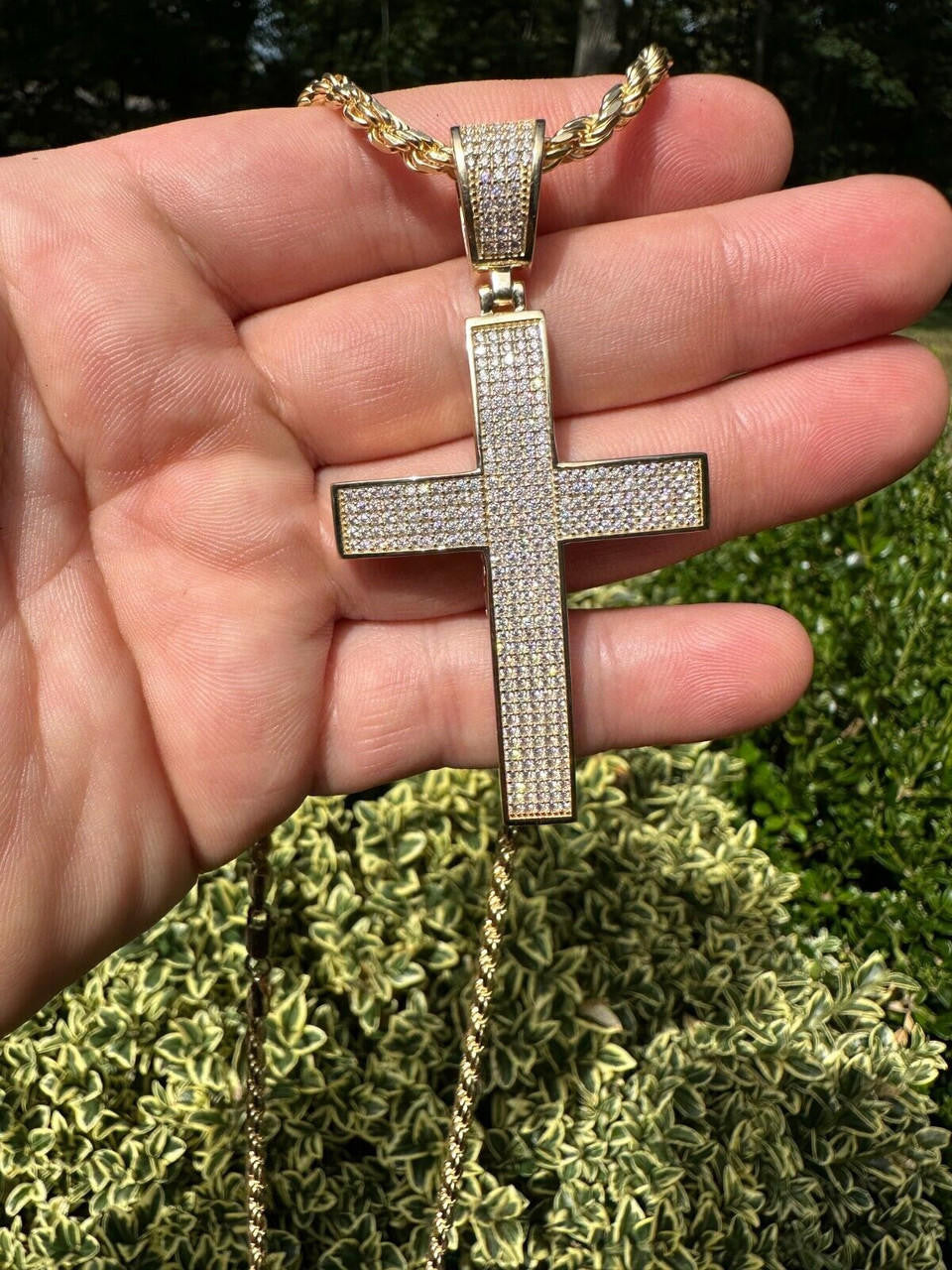 Hip Hop Solid 10k Yellow Gold 3ct VVS Moissanite Cross Pendant Necklace 19g Mens Large