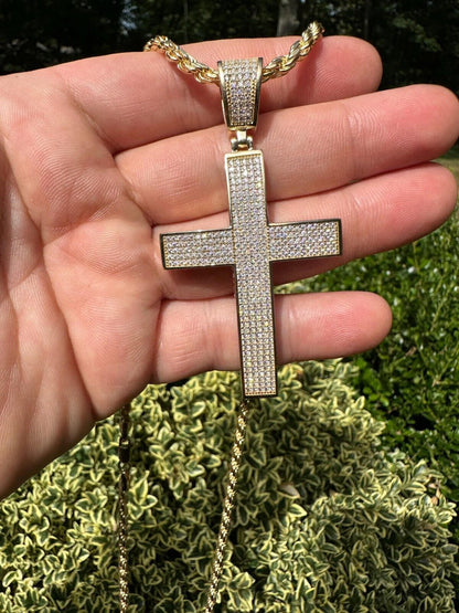 Hip Hop Solid 10k Yellow Gold 3ct VVS Moissanite Cross Pendant Necklace 19g Mens Large