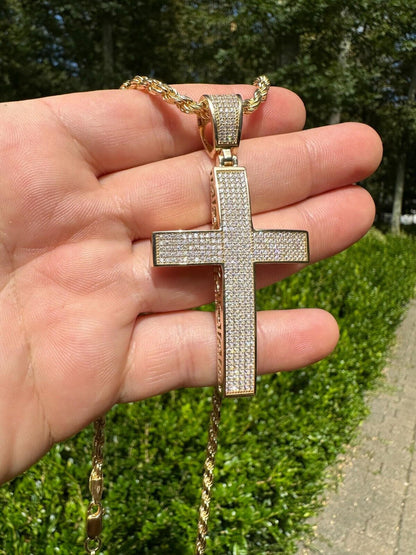 Hip Hop Solid 10k Yellow Gold 3ct VVS Moissanite Cross Pendant Necklace 19g Mens Large