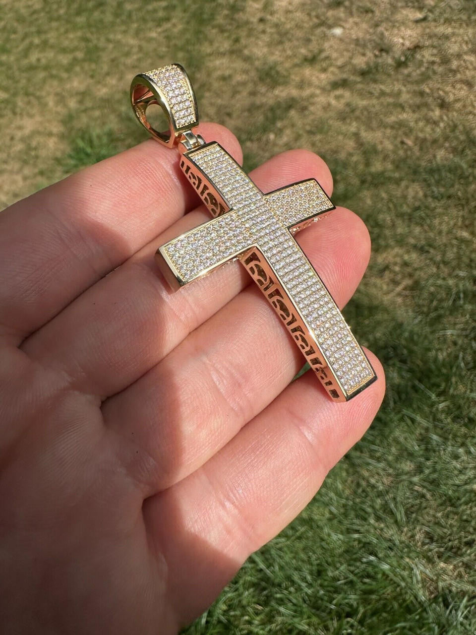 Hip Hop Solid 10k Yellow Gold 3ct VVS Moissanite Cross Pendant Necklace 19g Mens Large