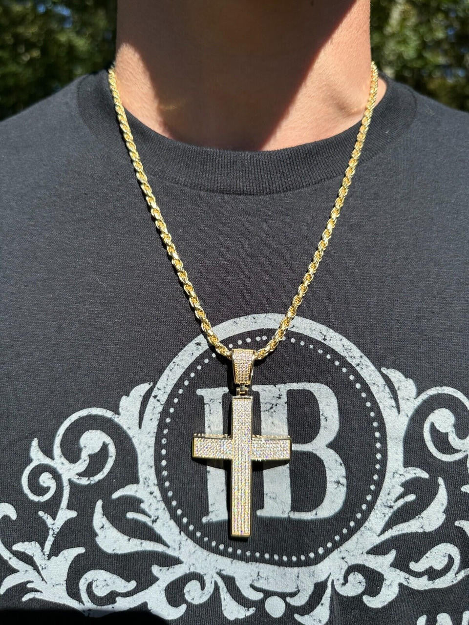 Hip Hop Solid 10k Yellow Gold 3ct VVS Moissanite Cross Pendant Necklace 19g Mens Large