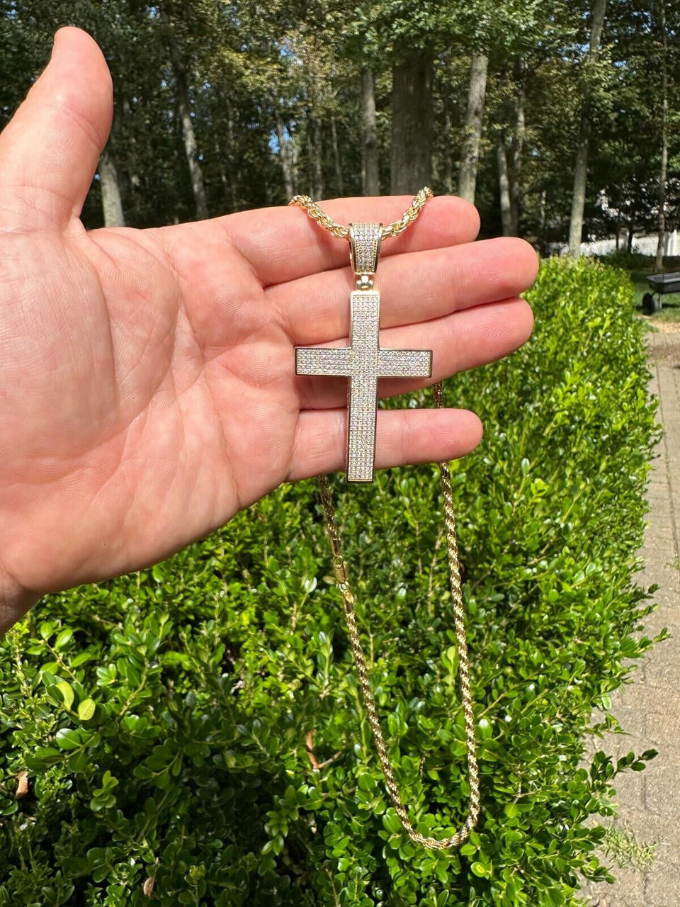 Hip Hop Solid 10k Yellow Gold 3ct VVS Moissanite Cross Pendant Necklace 19g Mens Large