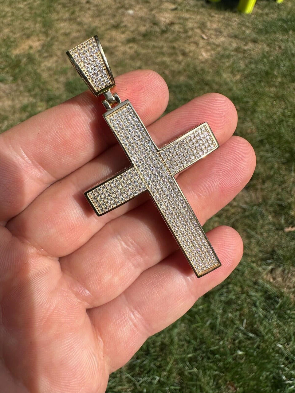 Hip Hop Solid 10k Yellow Gold 3ct VVS Moissanite Cross Pendant Necklace 19g Mens Large