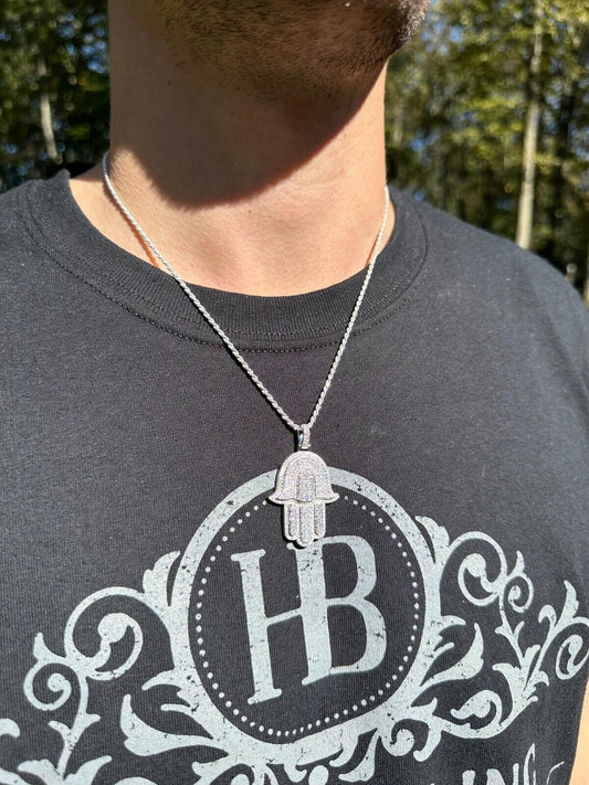 Hip Hop Solid 10k Yellow Or White Gold Hamsa Hand Iced 3ct Moissanite Pendant Necklace