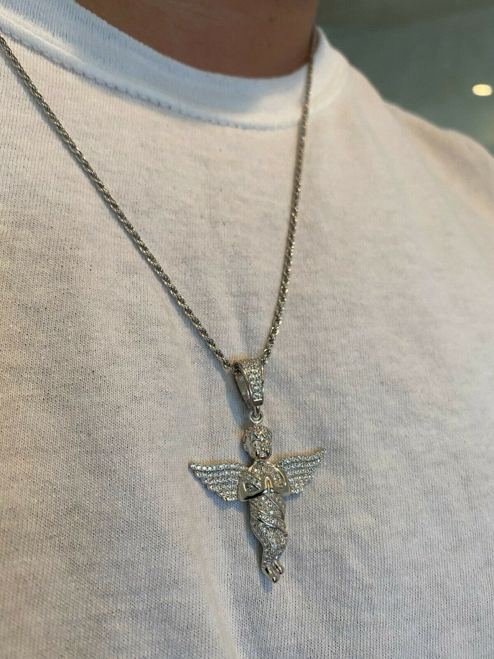 Hip Hop Solid 925 Silver Angel Hip Hop Pendant Iced Diamond Gold Necklace Mens 2 Piece