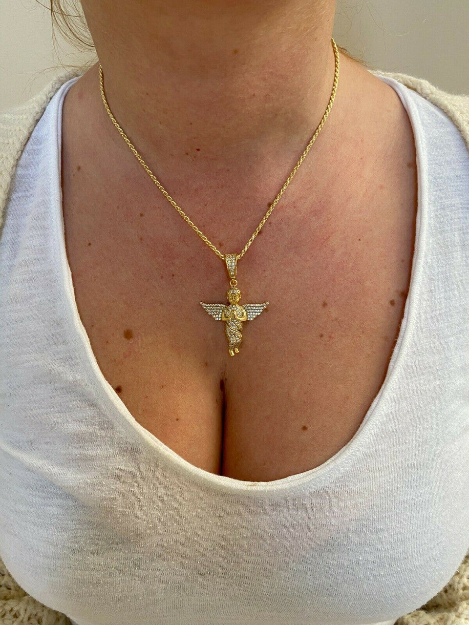 Hip Hop Solid 925 Silver Angel Hip Hop Pendant Iced Diamond Gold Necklace Mens 2 Piece