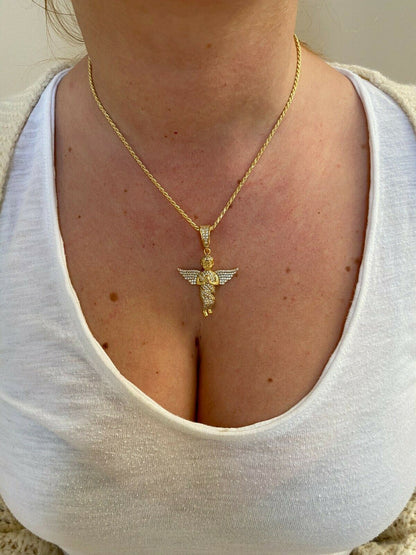 Hip Hop Solid 925 Silver Angel Hip Hop Pendant Iced Diamond Gold Necklace Mens 2 Piece